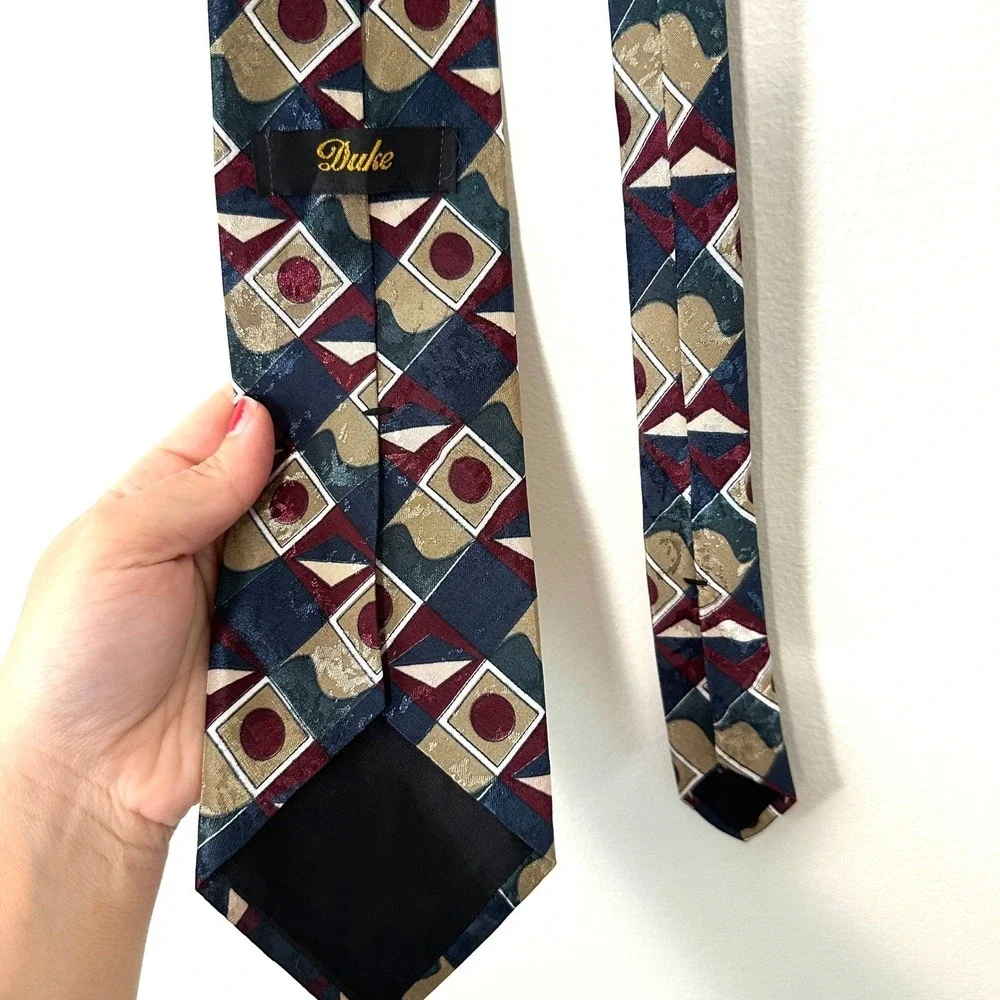 VTG 90s Duke Necktie Geometric Abstract‎ Navy Burgundy Gold USA Made Retro Tie